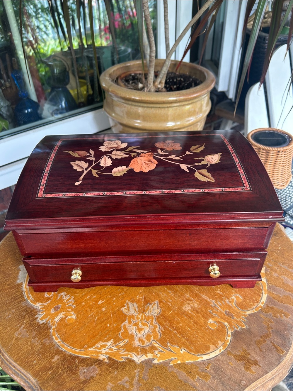 Vintage Floral Marquetry Inlay Musical Wooden Jewelry Chest